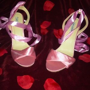 Pink Lace up Ballerina Heels